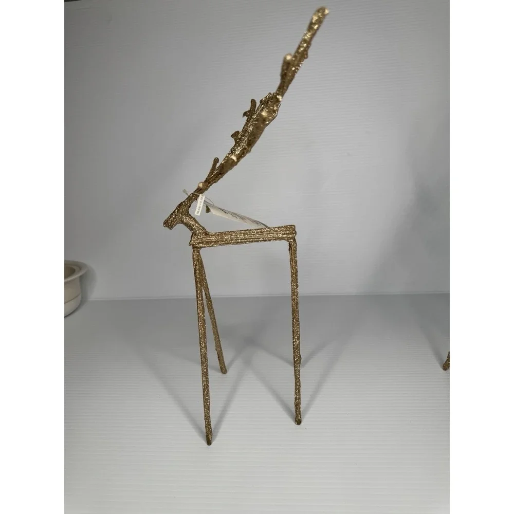 Set of 2 Gold Glitter Reindeer Figurines Tall Branch Antlers Christmas Decor